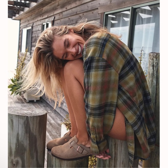 Free People We The Free Izzie Plaid Flannel Cargo Shirt Jacket Shacket Olive - Picture 6 of 10